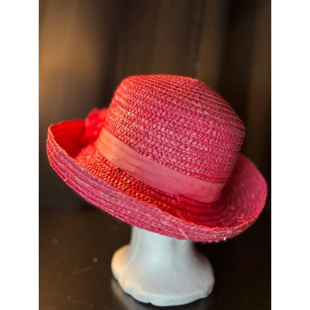 Vintage Magenta Pink Straw Sun Hat Wide Brim Floral Ribbon Accent Summer Beach